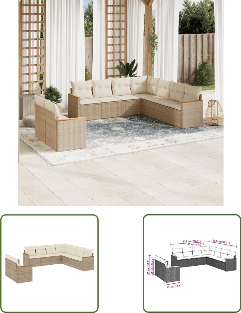 The Living Store 9-tlg. Garten-Sofagarnitur mit Kissen Beige Poly Rattan