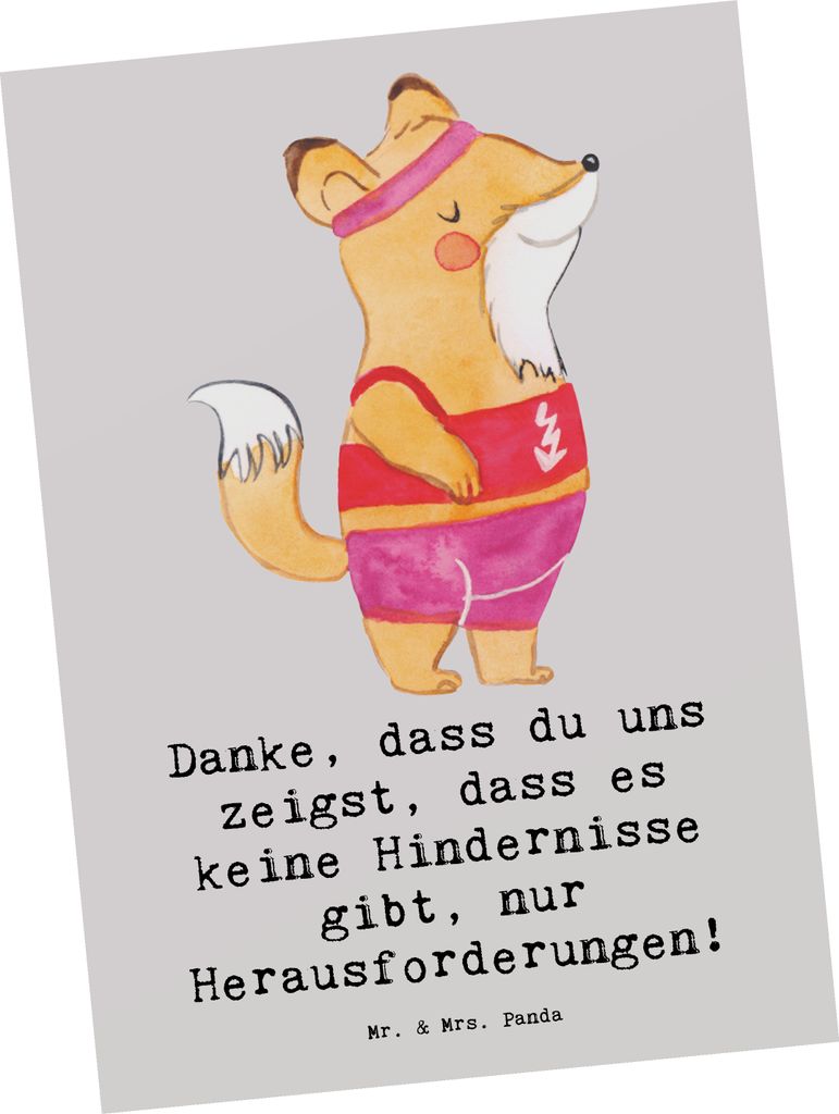 Mr. & Mrs. Panda Postkarte Leichtathletik Trainerin Inspiration - Grau Pastell - Geschenk, Balance zwischen Anstrengung und Wohlbefinden, liebevoll...