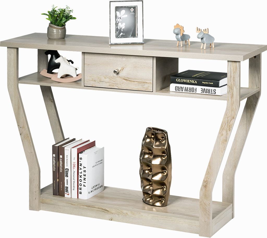 A light gray wooden console table with a drawer and shelves, decorated with various items.