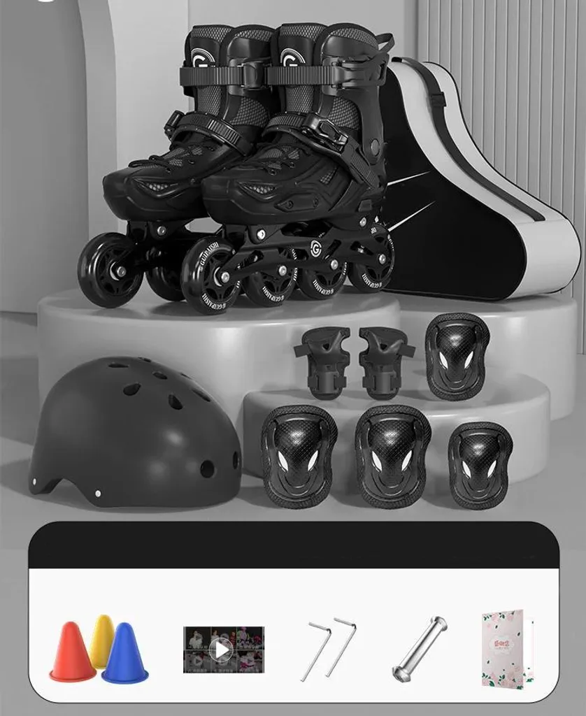 Rollers noirs pour débutants, taille ajustable 30-35 et kit complet