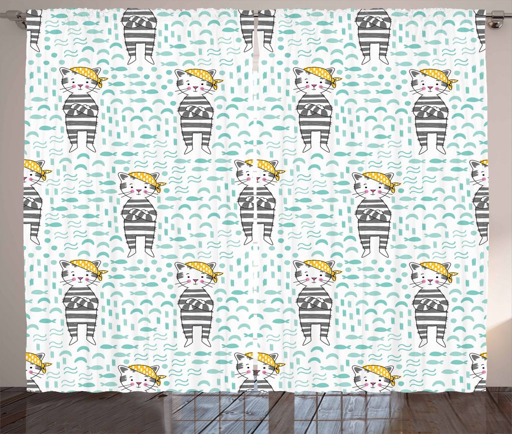 ABAKUHAUS Kindergarten Rustikaler Vorhang, Katzen mit Bandana, Wohnzimmer Universalband Gardinen mit Schlaufen und Haken, 280 x 175 cm, Pale Grün ...