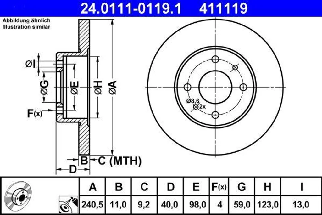 Disque de frein plein ATE pour Fiat Punto et Lancia Ypsilon OE 7663465
