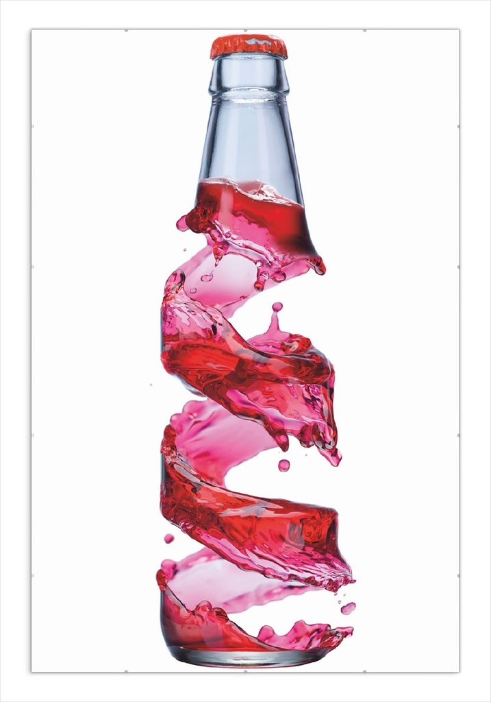 Wallario Wandbild Flasche mit roter Brause - Wirbelsturm, Größe: 61 x 91,5 cm, Poster mit rahmenlosen Bildhalter