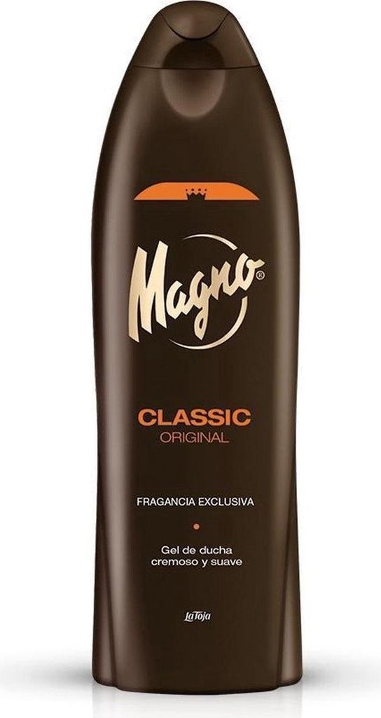 A brown bottle of Magno Classic shower gel against a white background.