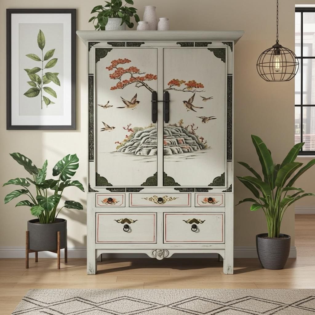 OPIUM OUTLET asiatischer Schrank Hoch-Kommode orientalisch hellgrauer Hochzeitsschrank Möbel chinesisch Vintage Shabby-chic beige handbemalt