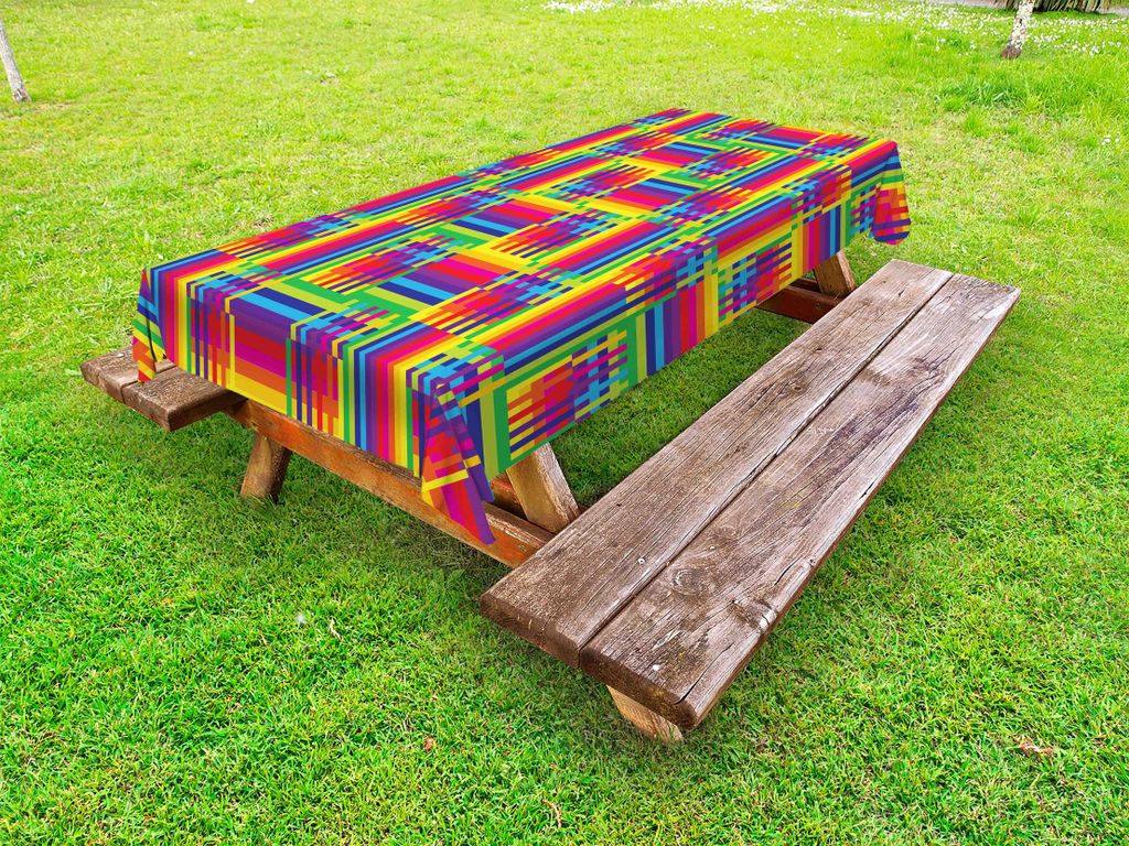 ABAKUHAUS Jahrgang Rainbow Tischdecke Outdoor, Horizontale und vertikale kurze Linien leuchtendes farbiges Mosaik-gestreiftes Muster, Mehrfarbig, 1...