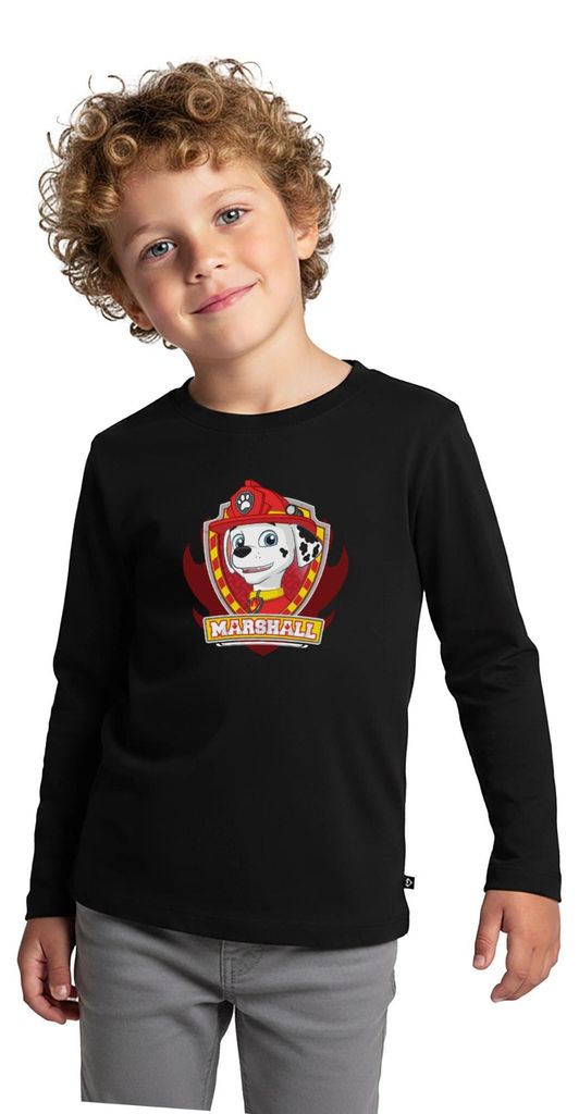 Spreadshirt Paw Patrol Marshall Feuerwehrhund Feuerwehr Emblem Kinder Premium Langarmshirt, 134/140 (8 Jahre), Schwarz