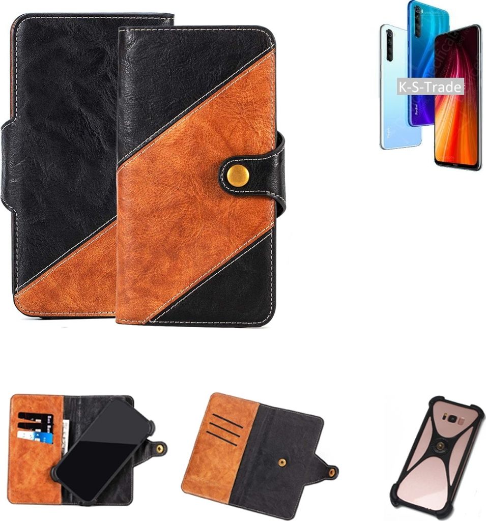 K-S-Trade Handyhülle Schutzhülle Bookstyle Case Wallet-Case kompatibel mit Xiaomi Redmi Note 8 2021 Handy Cover Bumper Klapphülle schwarz hellbraun