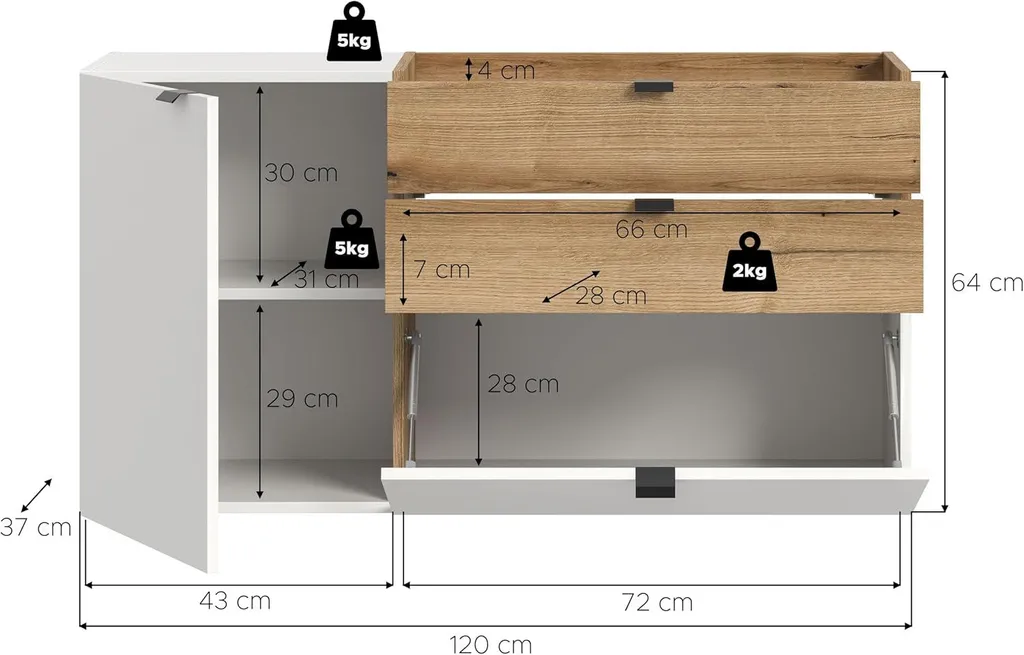 Buffet mural Naro blanc : solution rangement compact 2 tiroirs chic