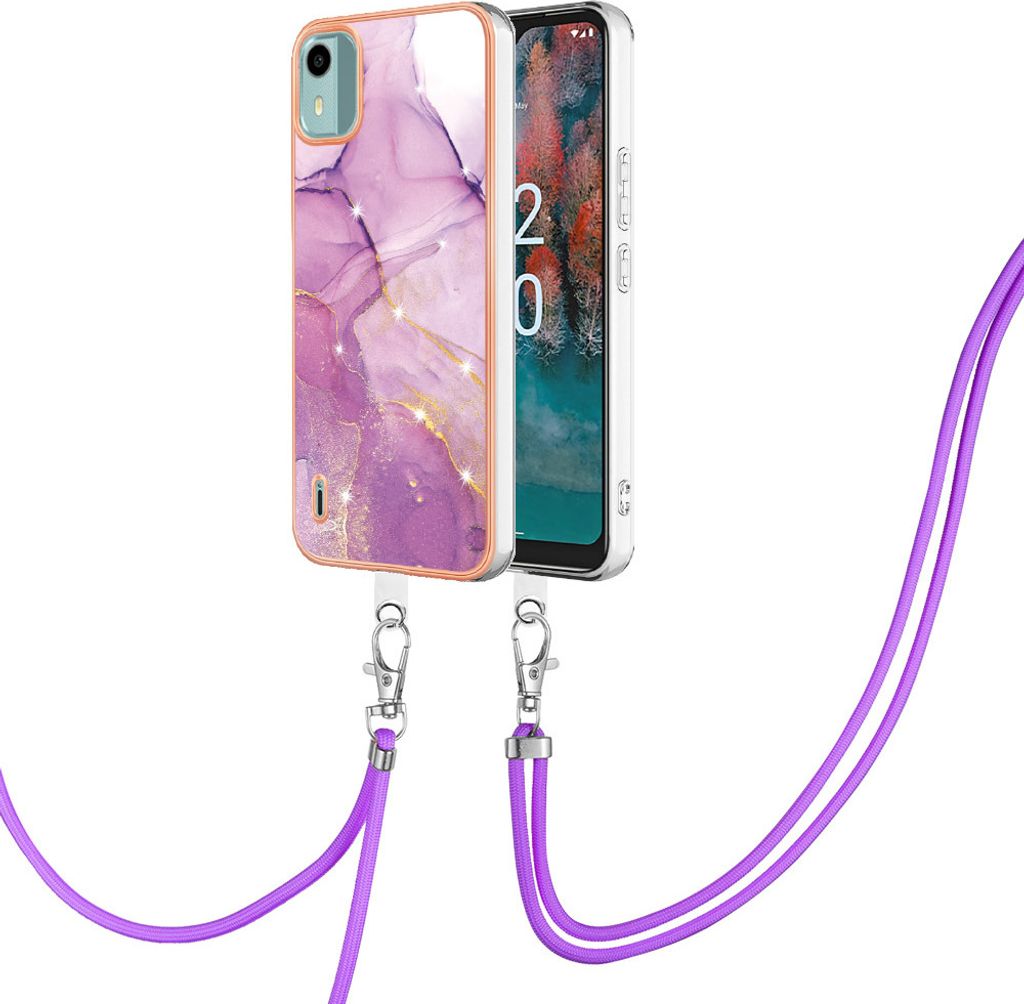 Handykette Hülle für Nokia C12 Muster TPU Schutzhülle mit verstellbarem Tragegurt Pink