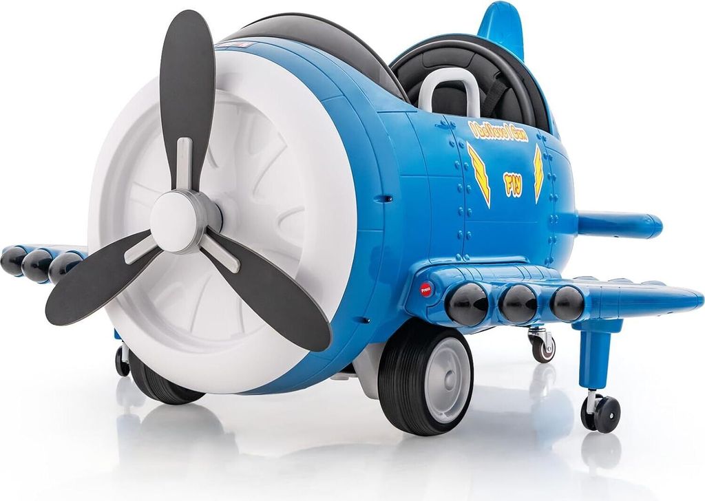 A blue and white toy airplane with a propeller, wheels, and wings, shown from a front-side angle on a white background.