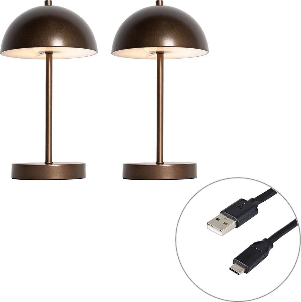 QAZQA - Modern Set mit 2 Outdoor-Tischleuchte I Tischlampe I Lampe I Leuchten Pilz Dunkelbronze Wiederaufladbar - Keira Touch-funktion Dimmer I Dim...