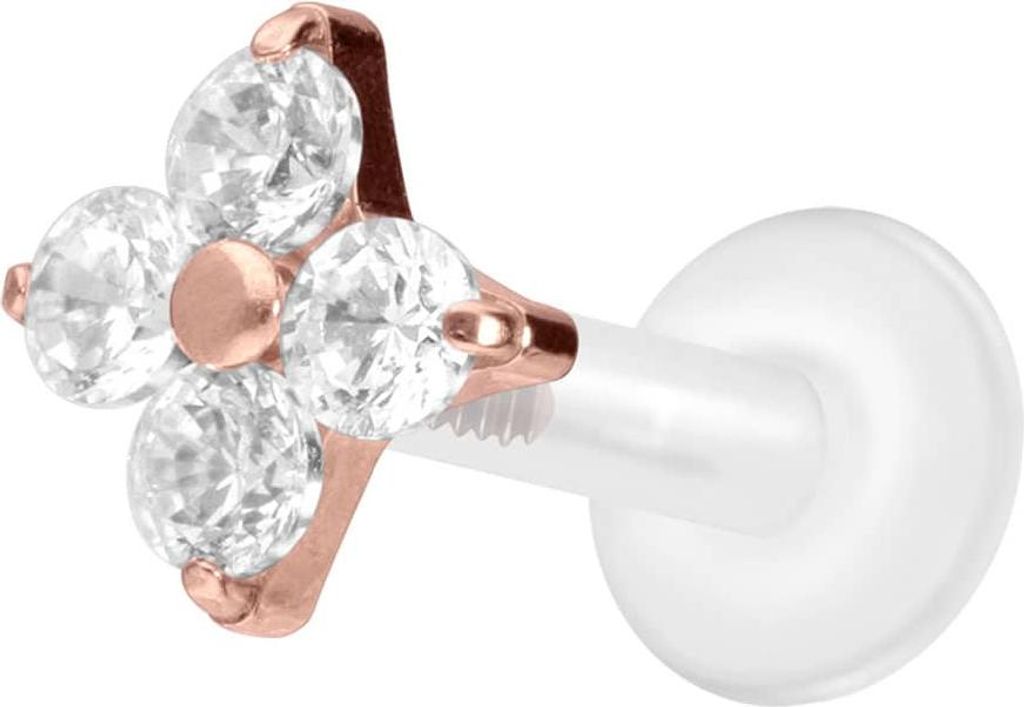 Ohrpiercing, Nasenpiercing PTFE Labret mit Innengewinde + Titan-Aufsatz KRISTALLBLUME RoséGold Stablänge: 8mm | Stabstärke: 1,6mm