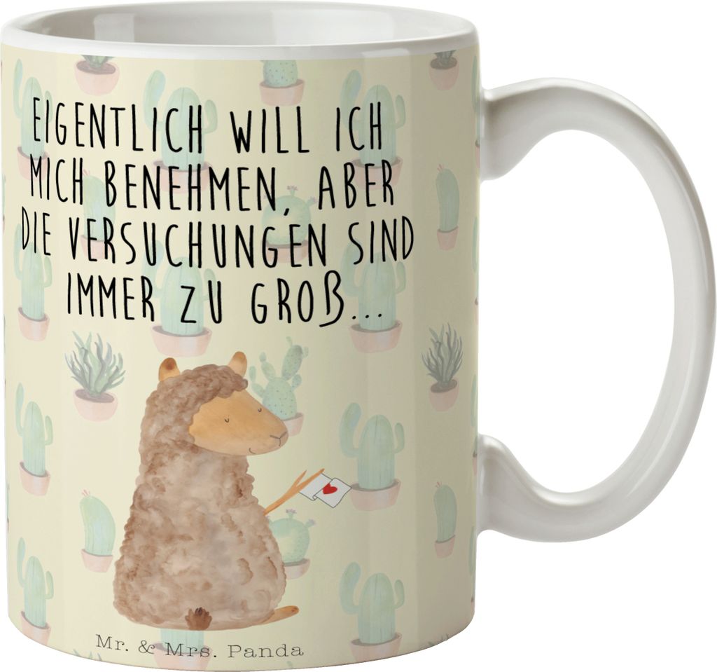 Mr. & Mrs. Panda Kaffeebecher Alpaka Fahne - Kaktus Grün - Geschenk, Teetasse, Bedruckte Tasse, Alpakas, Lama, Lamas, Kaffeetasse, Henkelpott, Liebe