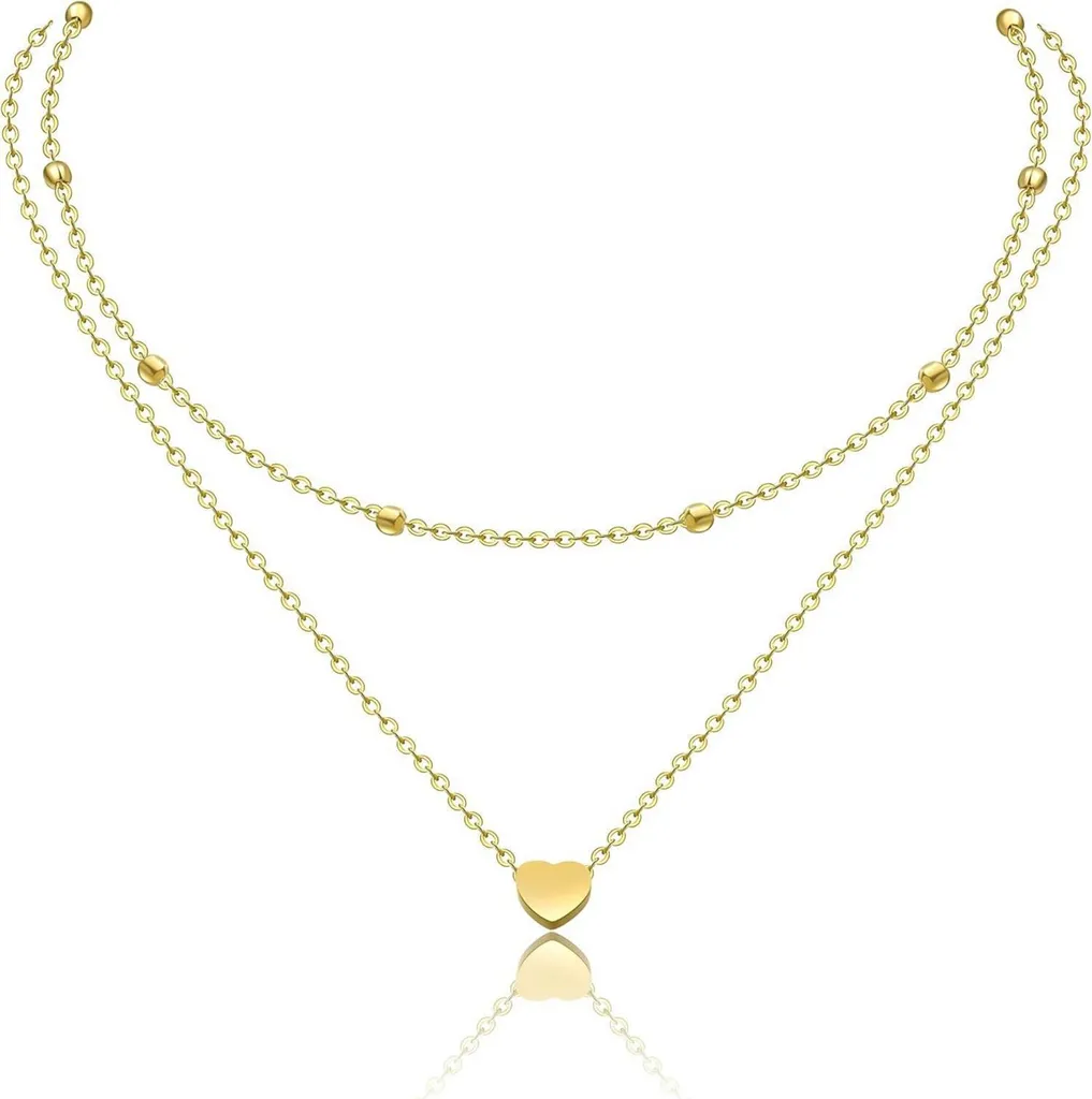 Collier Multirang Cœur Argent et Or Rose - Double Chaîne Femme Ajustable