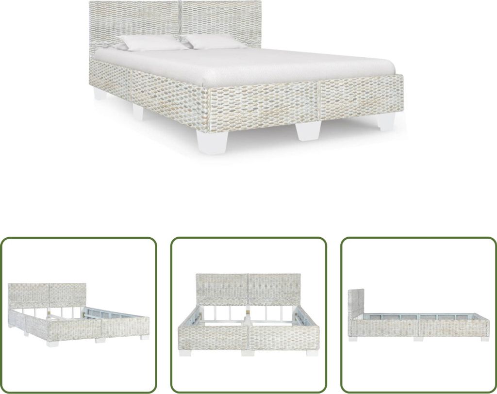 The Living Store Bettgestell Grau Natur Rattan 140 x 200 cm Produktbild 