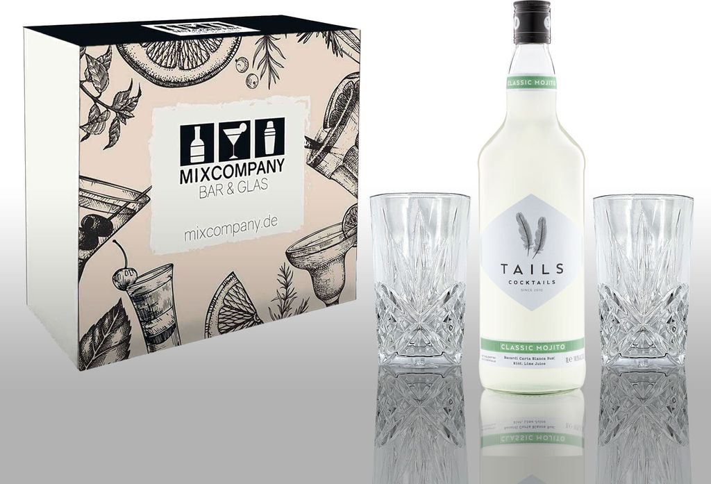 Tails Cocktails Geschenkset classic Mojito 1L (14,9% Vol) mit 2 Longdrink Cocktail Gläsern in Kristalloptik Fertig Cocktail Ready to Drink- [Enth...