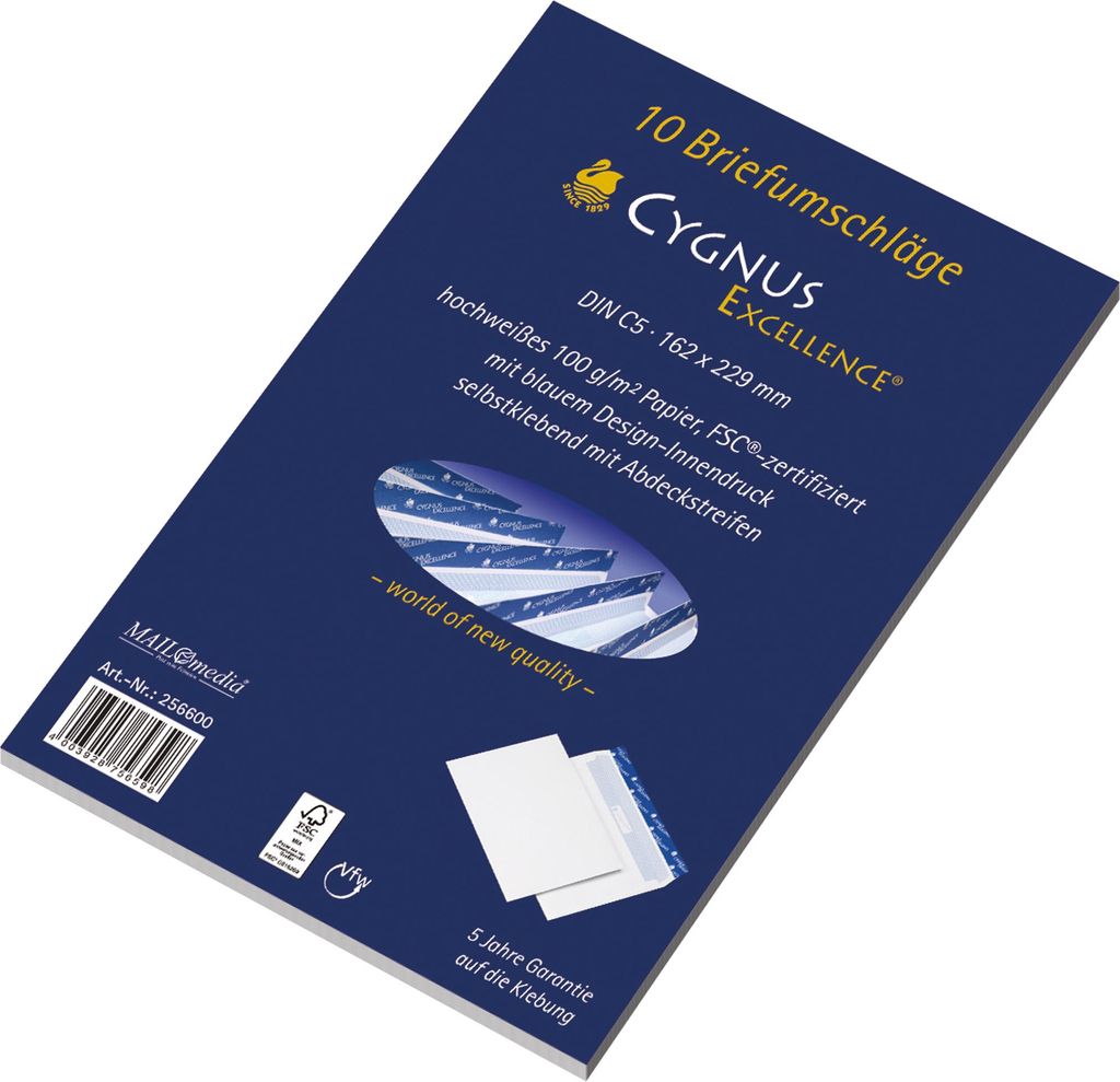 Briefumschlag Cygnus Excellence C5 ohne Fenster haftklebend weiß 10 Stück Packung mit 50 Stück