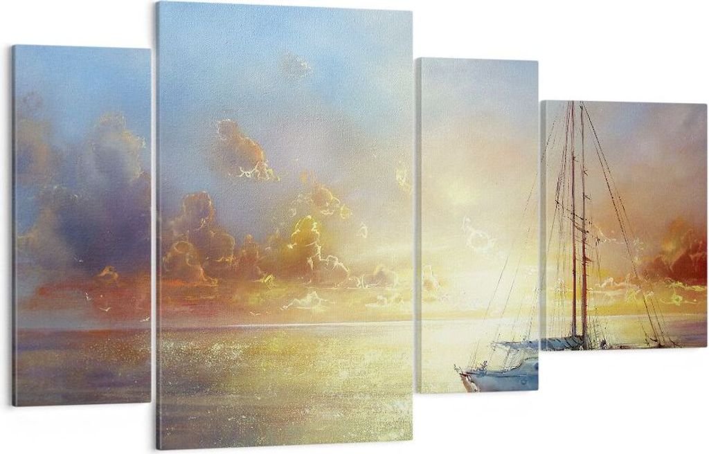 Bild auf Leinwand - Leinwandbild - 4 Teile - Segelboot Westen die Sonne - 120x70cm - Wand Bild - Wanddeko - Wandbilder - Leinwanddruck - Bilder - W...