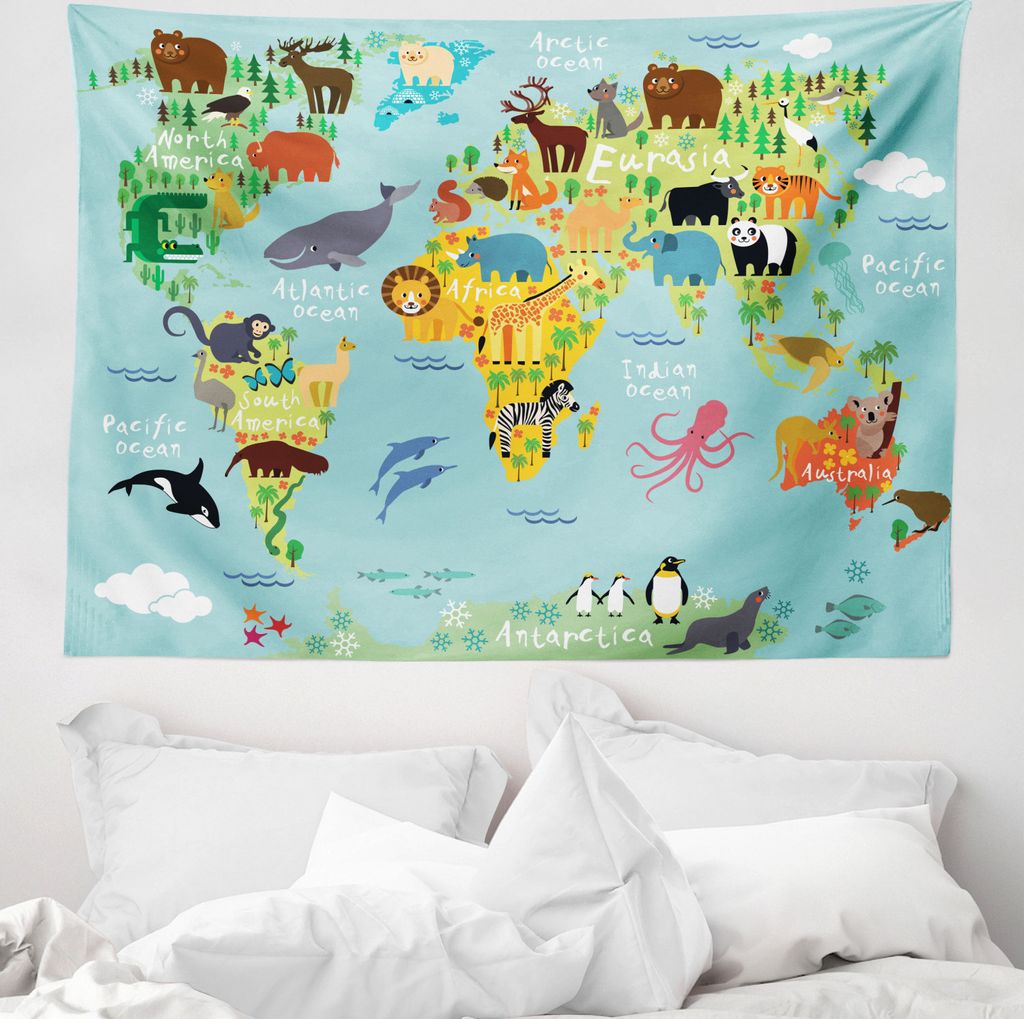 ABAKUHAUS Weltkarte Wandteppich, Tier Karte der Welt aus Weiches Mikrofaser Stoff Waschbar ohne Verblassen Digitaldruck, 150 x 110 cm, Blassblau Ge...