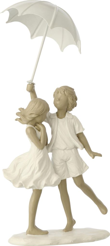 J-Line Kinder Junge + Mädchen Mit Regenschirm Polyresin Weiß/Grau