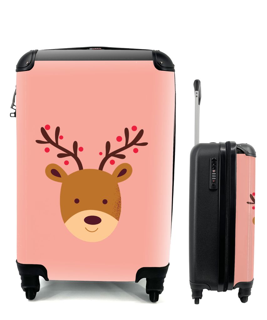 MuchoWow Koffer Handgepäck Trolley Rollkoffer Kleine Reisekoffer mit 4 Rollen - Rentier - Weihnachten - Rosa - Winter - Cabin Size < 55x40x23 cm...