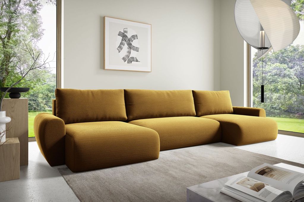 Ecksofas in U-Form ANTONIO MINI BOSS U 397x153cm, Wohnlandschaft mit Schlaffunktion & Bettkästen, Eckarniutur / Bezug - Cord in Gelb, Maisgelb