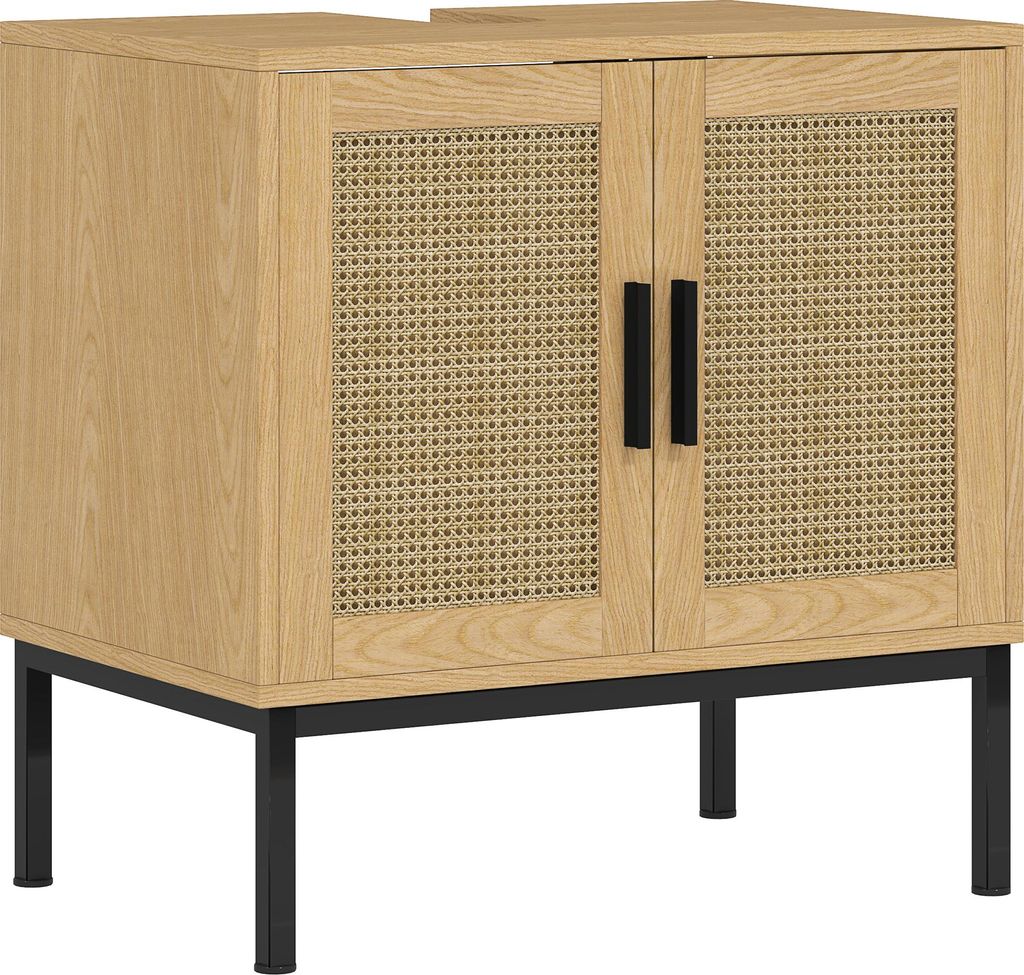 Badezimmer Unterschrank Boho-Design - Waschbeckenunterschrank mit Rattan-Elementen & U-Ausschnitt, Holzschrank Eiche-Optik, 60x39x60 cm