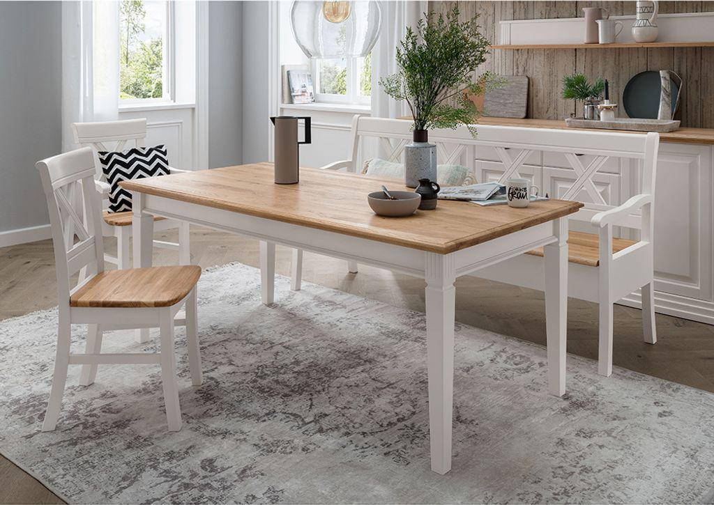 Esstischgruppe weiß ESBJERG-69 Landhausstil in Kiefer weiß lackiert mit Eiche massiv 4-teilig