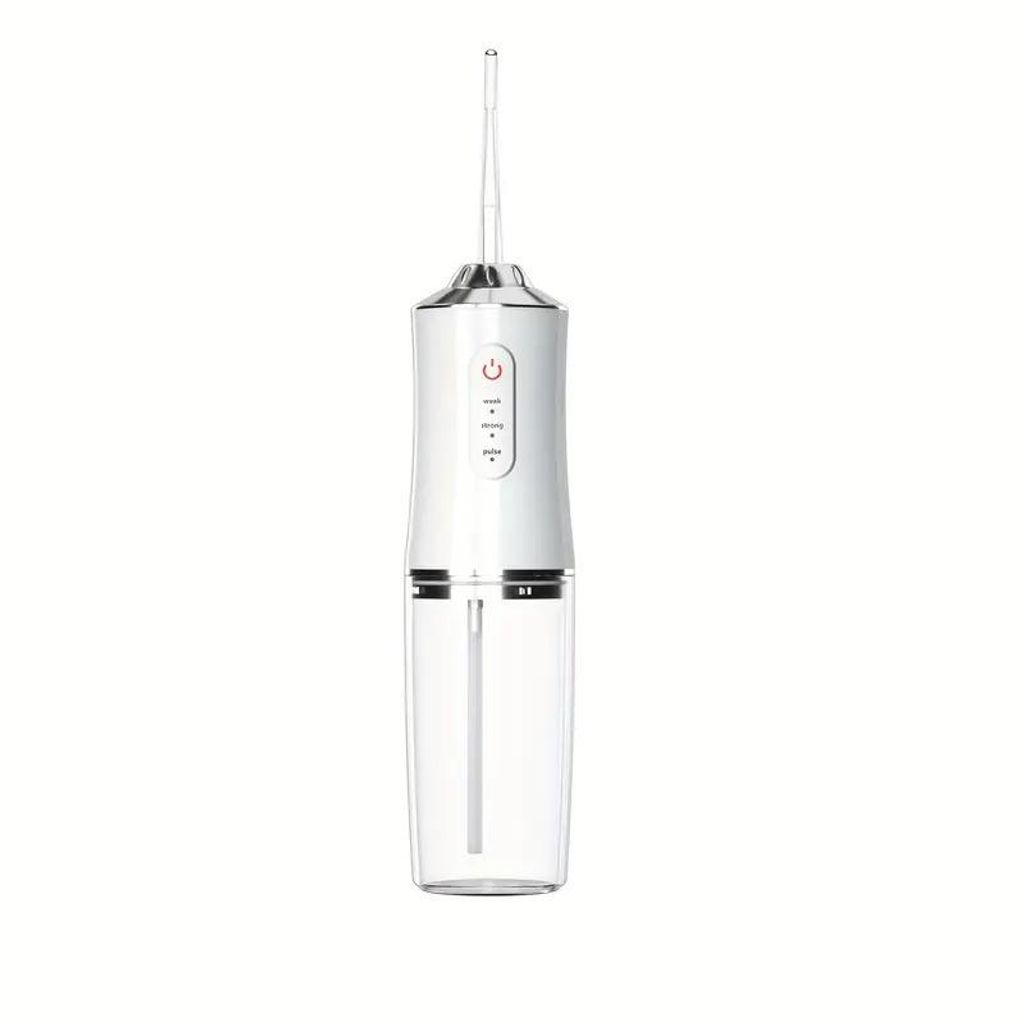 A white and silver portable water flosser is shown against a white background.
