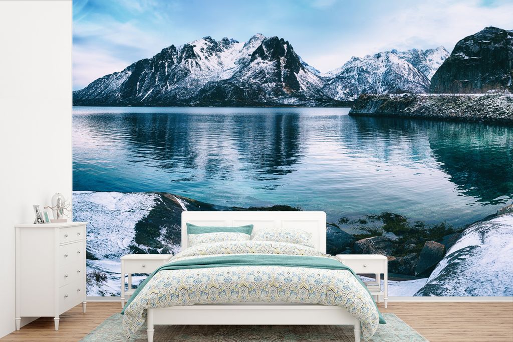 MuchoWow Fototapete für Wohnzimmer oder Schlafzimmer Wandtapete Vinyl Motivtapete Winter - See - Schnee - 390x260 cm - Papiertapete