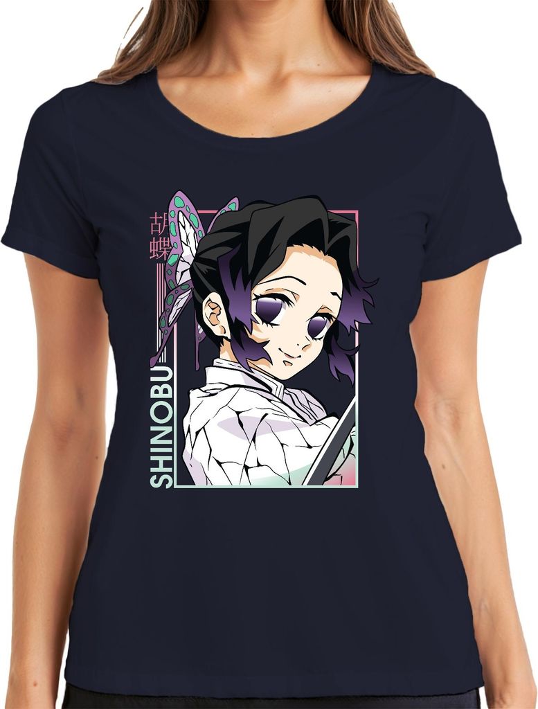 Shinobu Kocho Kimetsu no Yaiba Schmetterling lila Anime Geschenk Damen T-Shirt, Navy, S