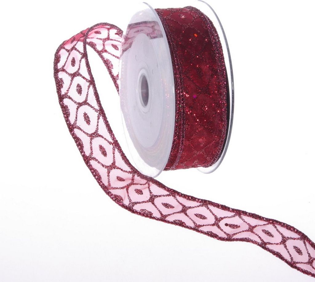 Weihnachtliches Organzaband mit Glitzerwabe - bordeaux - 25 mm - 10 m - 93191-25-10-38