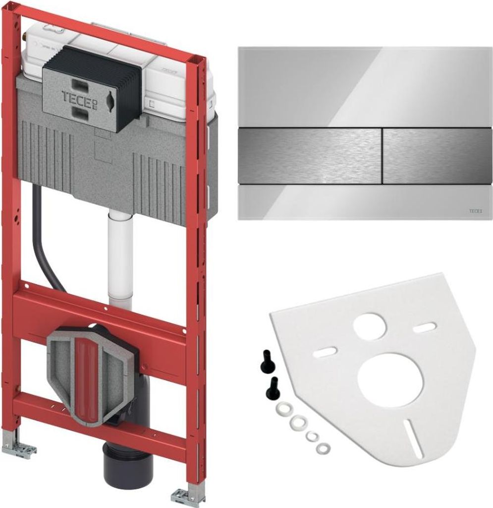 BADfabrik24 TECEprofil WC-Modul 1120 mm mit Uni-Spülkasten + TECEsquare Betätigungsplatte Zweimengen Glas Weiß glänzend, Tasten Edelstahl gebü...