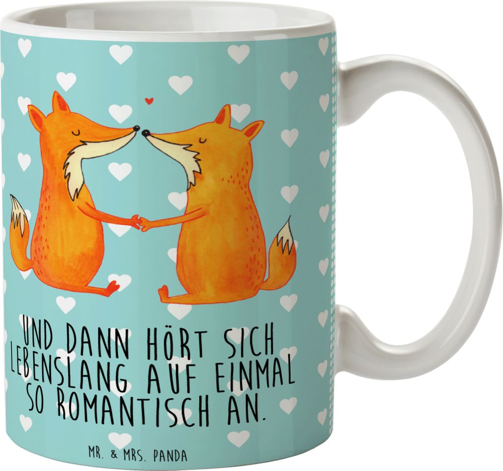 Mr. & Mrs. Panda Keramiktasse Füchse Liebe - Türkis Pastell - Geschenk, Fuchs, Freund, haferl, Tasse, Kaffeetasse, hochwertige, Freundin, Fox, Ka...