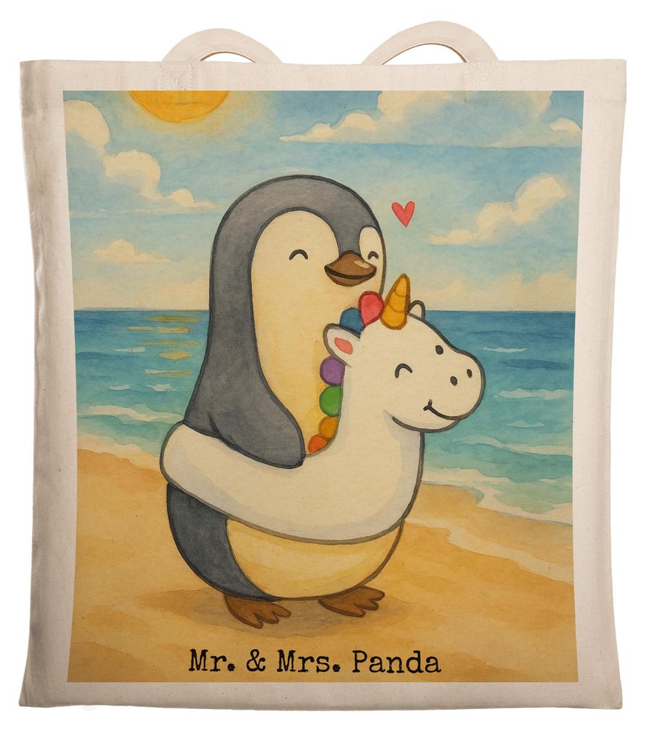Mr. & Mrs. Panda Jutebeutel Pinguin Schwimmring Design - Weiß - Geschenk, Sommer, Laptoptasche, Tragetasche, Tote Bag, Shopping Tasche