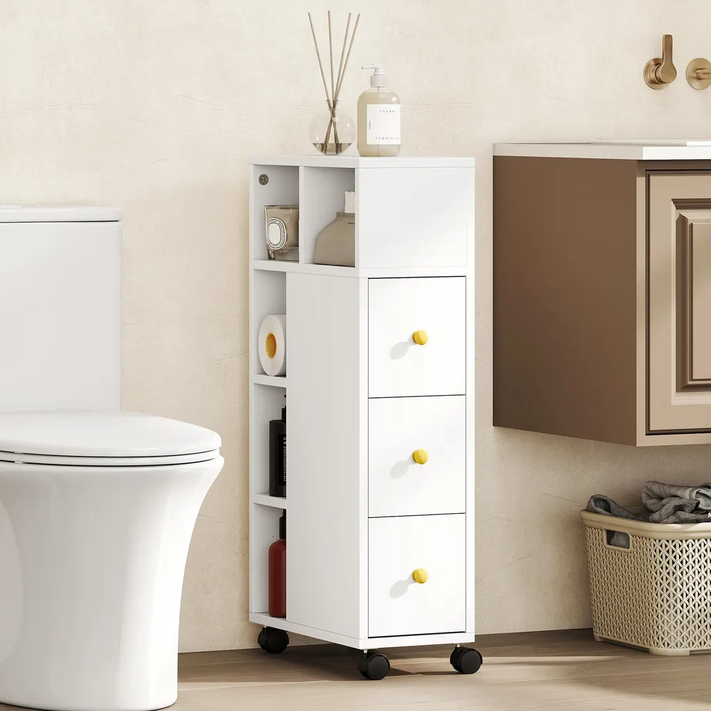 Meuble de salle de bain 3 tiroirs et 5 compartiments sur roulettes 80cm