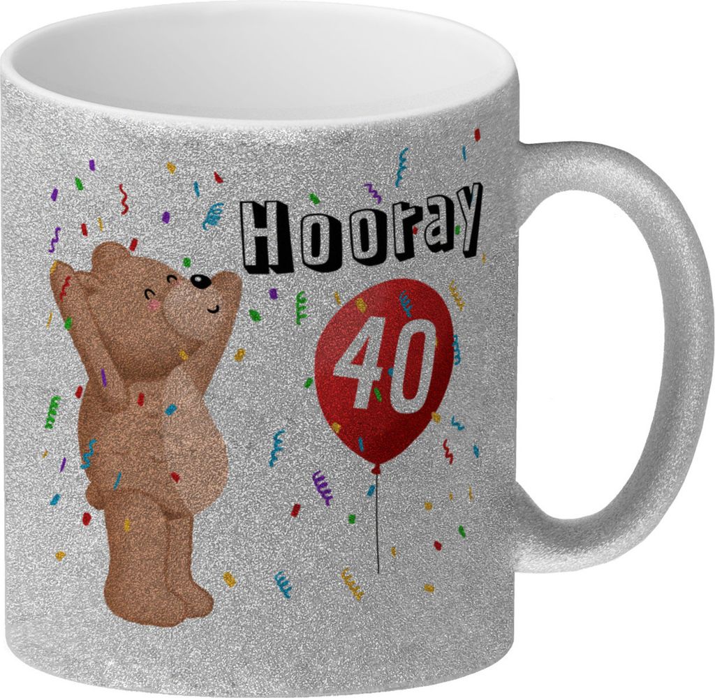 Witziger Glitzer-Kaffeebecher für den 40. Geburtstag mit Motiv: Hooray