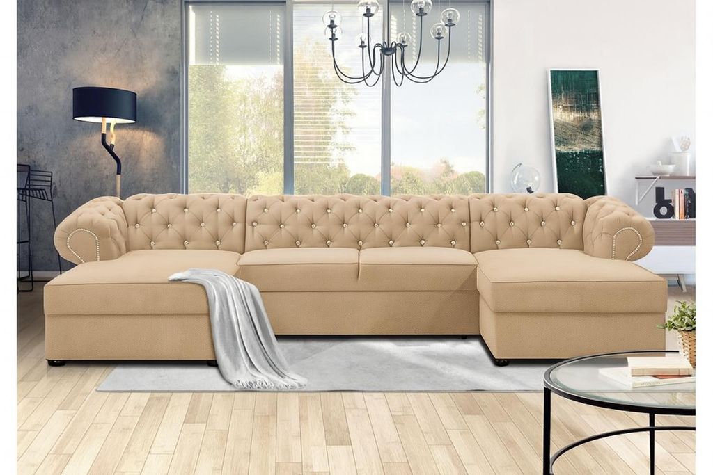 FURMEB 24 ECKSOFA mit Schlaffunktion SWAROVSKI U 348 x 180 cm BEIGE