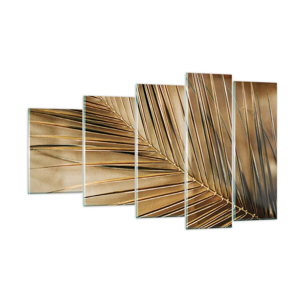 Bilder auf glas - 5 Teile - Blatt Gold Pflanze - 100x60cm - Glasbilder - Wandbilder - Bilder - zum Aufhängen bereit - Wanddekoration aus Glas - Gl...