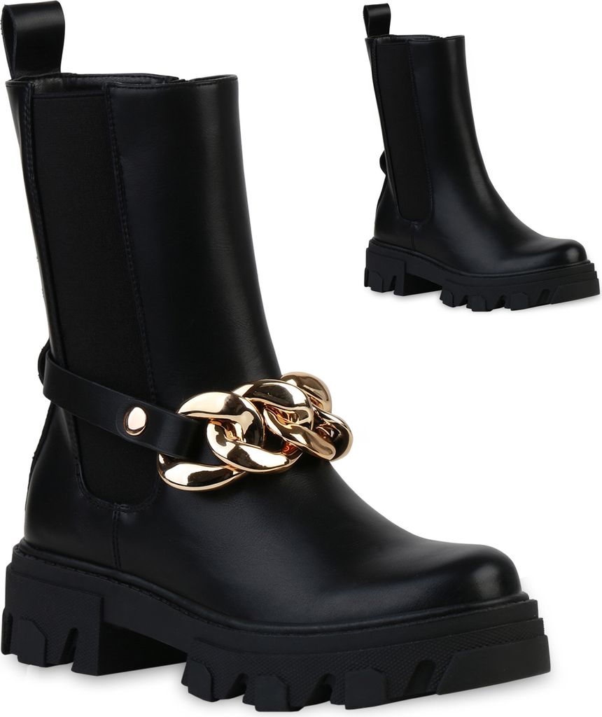 VAN HILL Damen Plateau Boots Stiefeletten Ketten Stiefel Profil-Sohle Schuhe 837633, Farbe: Schwarz, Größe: 36