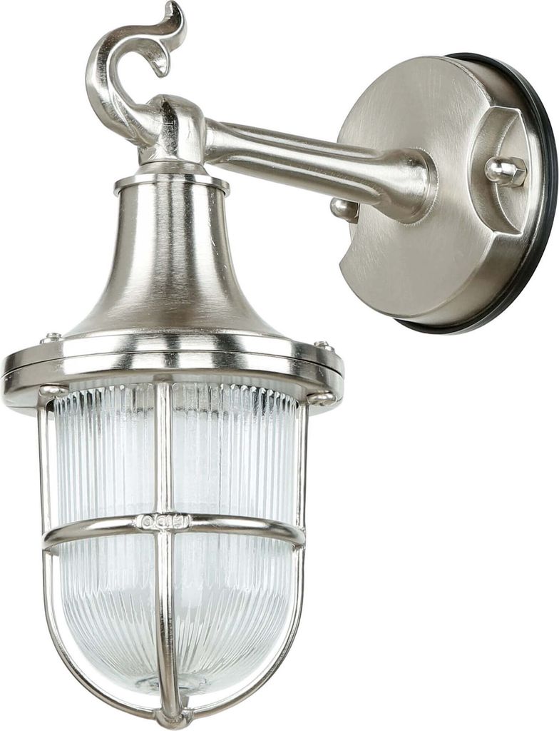 Außenleuchte Wand aus Messing Riffelglas IP64 E27 Maritim in Nickel Wandlampe Haus Hof Garten