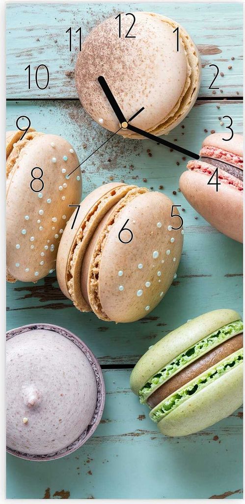 Wanduhr aus Glas mit Motiv Macarons auf Holz- 30 x 60 cm - inkl. Aufhängesystem