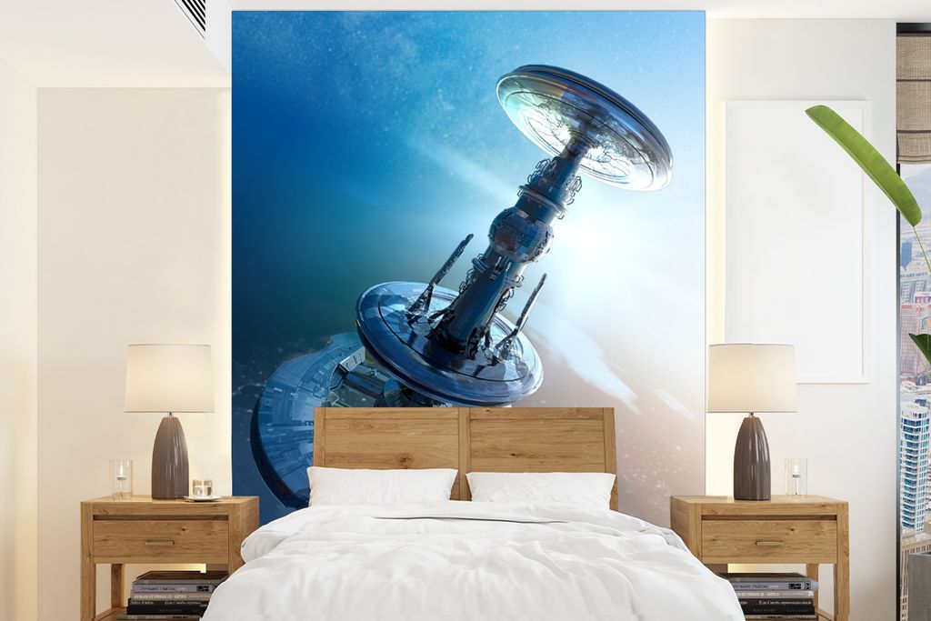 MuchoWow Fototapete für Wohnzimmer oder Schlafzimmer Wandtapete Vinyl Motivtapete Eine Science-Fiction-Illustration einer Raumstation - 195x260 ...