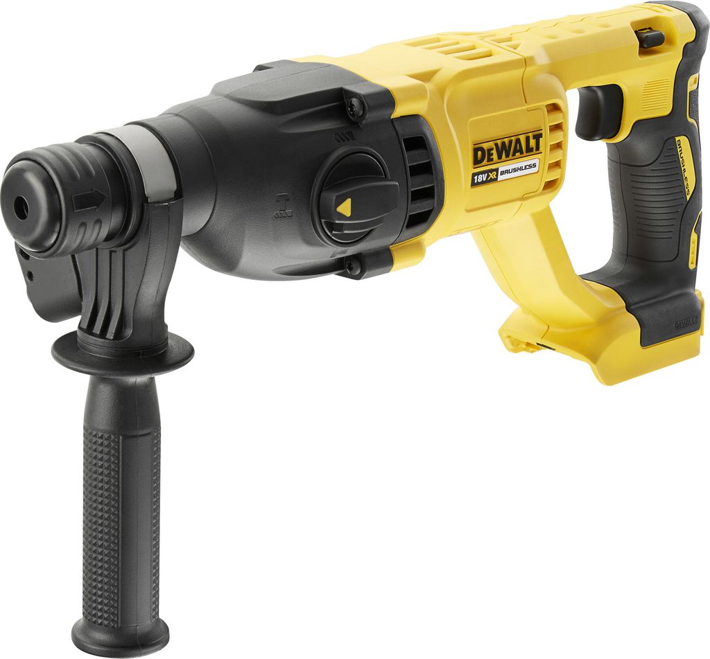 A yellow and black Dewalt cordless rotary hammer drill is shown against a white background.
