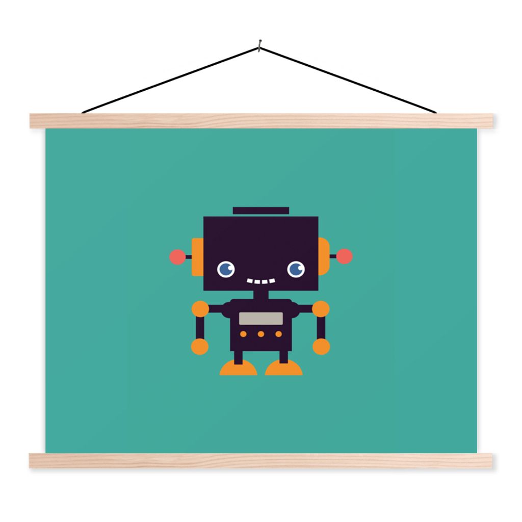 MuchoWow Textilposter Roboter - Gesicht - Antenne - Blau - Jungen 120x90 cm mit holzfarbenen Rahmen - Magnetisch