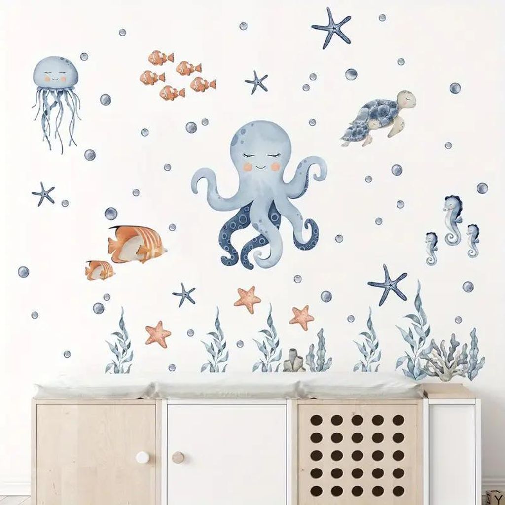 1x Oktopus Wandsticker – niedliches blaues Meeresmotiv aus Vinyl – selbstklebend, wasserfest & ablösbar – Deko für Bad & Kinderzimmer
