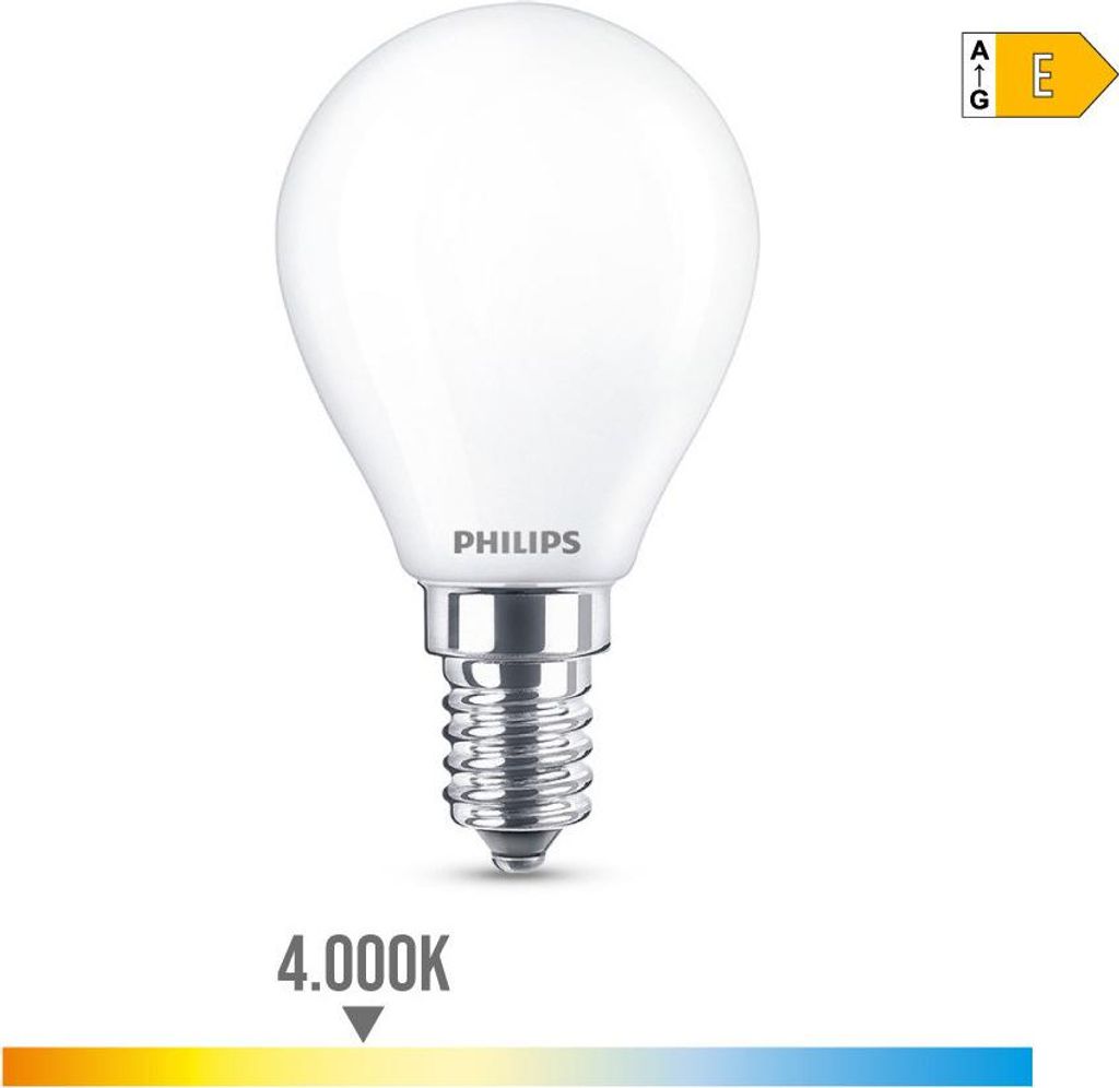 A white LED light bulb with a silver base is shown against a white background. Text indicating the color temperature and an energy efficiency rating are also visible.