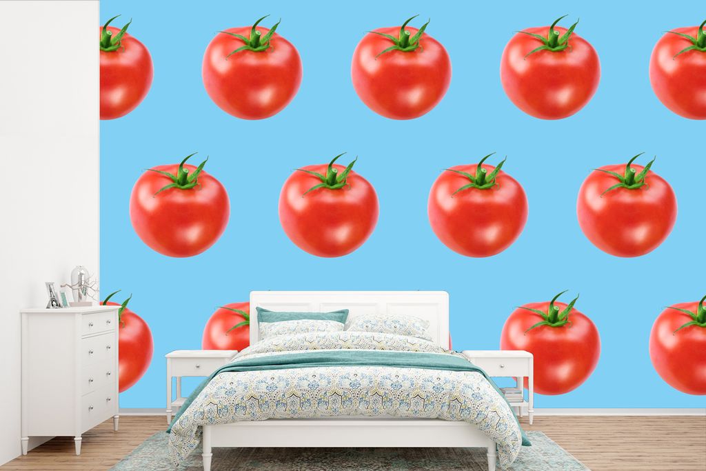 MuchoWow Fototapete für Wohnzimmer oder Schlafzimmer Wandtapete Vinyl Motivtapete Tomaten - Gemüse - Blau - 330x220 cm - Fototapeten