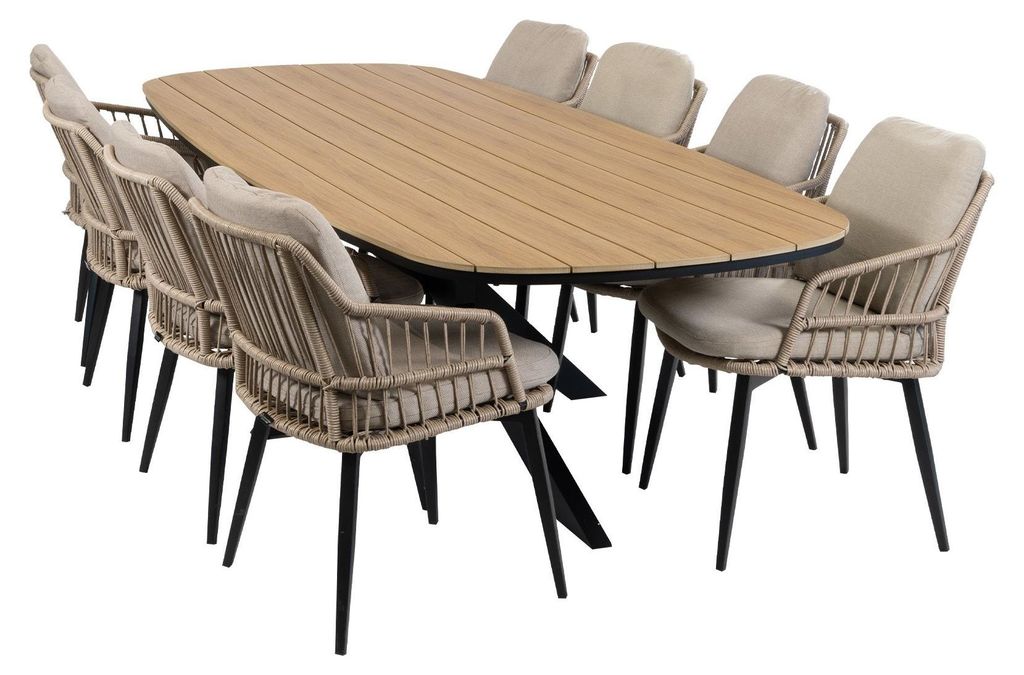 9-teiliges Garten-Set | 8 Isabel Gartenstühle | Gartentisch Cadiz 280 x 115 cm | Sand & Schwarz